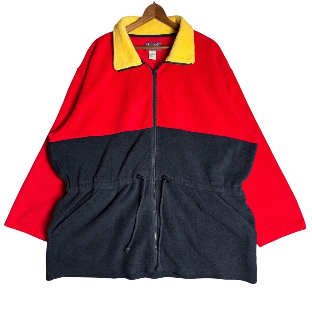 Denim & Co Mens 2X Fleece Jacket Colorblock Red Black Yellow Vintage Zip Up 90s